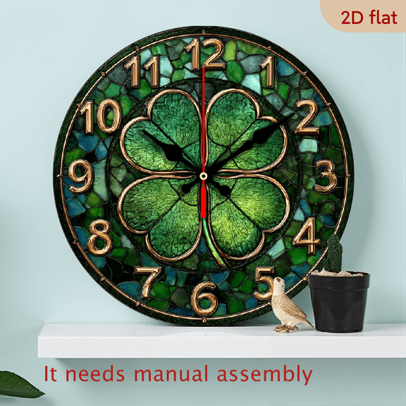 2D Flat10Inch Round Wooden Wall Clock with Green Clover Design - Silent Non-Ticking Movement, Battery Operated (AA Not Included) - Modern Home Decor for Living Room, Bedroom, Office, Kitchen, Bat