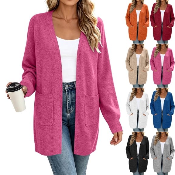 Fall Winter Cardigan for Women Long Sleeve Open Front Cardigan Casual Solid Color Coat with Pockets