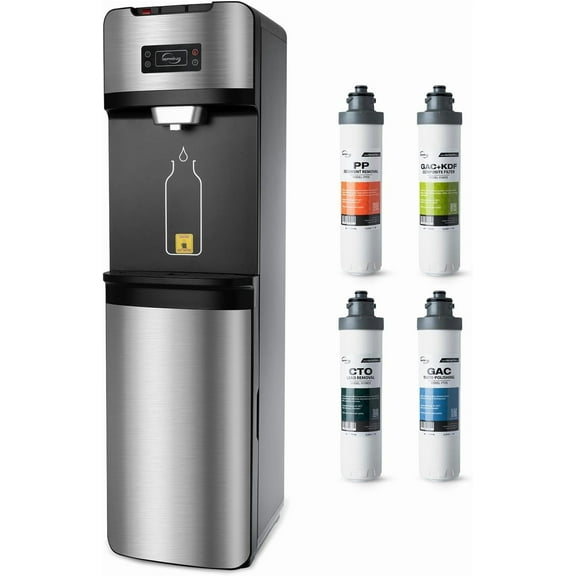 iSpring Bottleless Water Dispenser with 4-Stage Filtration, SGS-Tested 99% of Lead Removal, Water Cooler Dispenser - Hot, Cold, Room Temp, Self Cleaning, Stainless Steel, Silver, Model: DS4S-PB