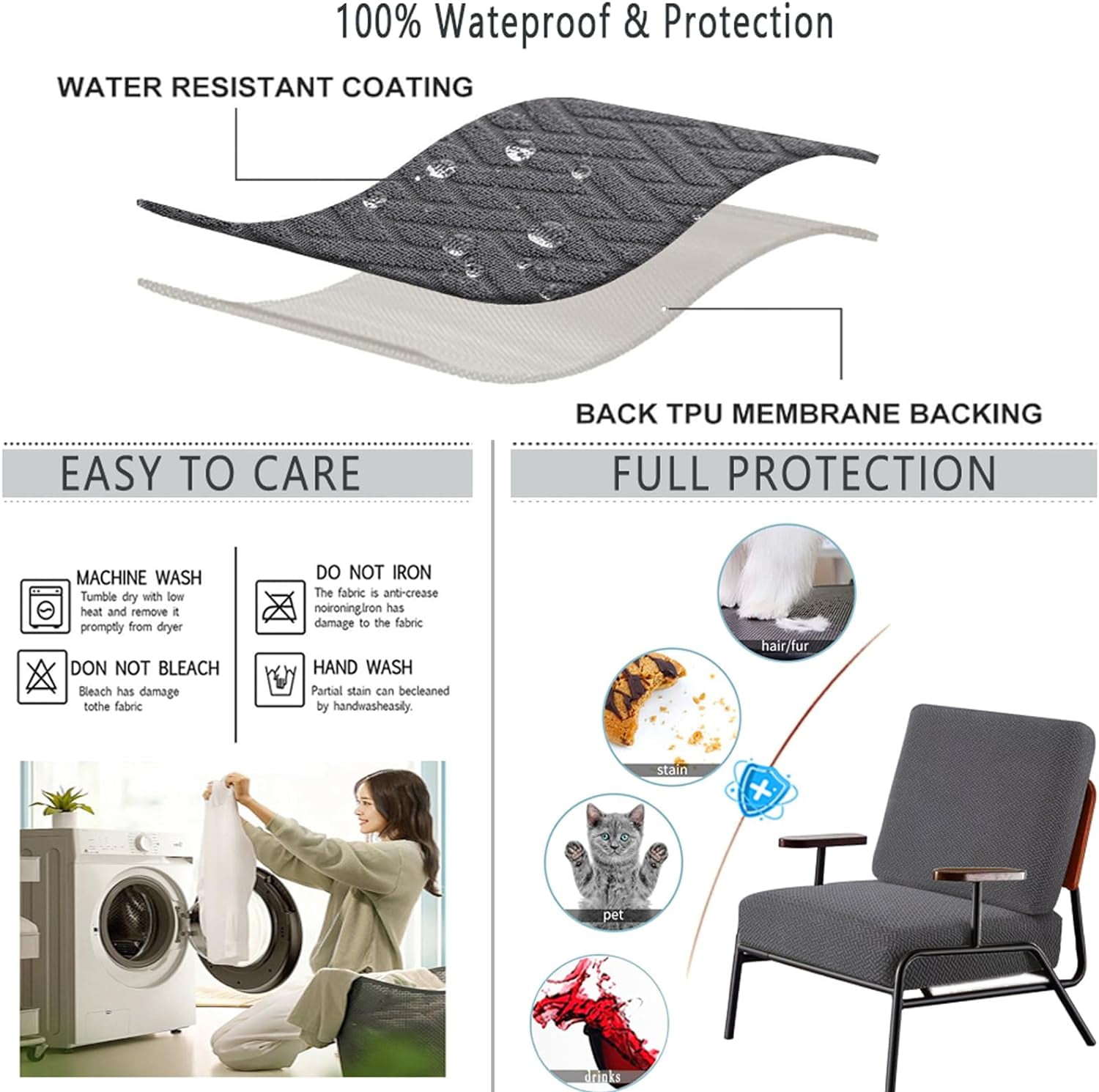 6 Pack 100% Waterproof Patio Sofa Cushion Covers, Stretch Outdoor/Indoor Individual Seat Cushion Cover Furniture Protector Sofa Slipcover, Dark Gray