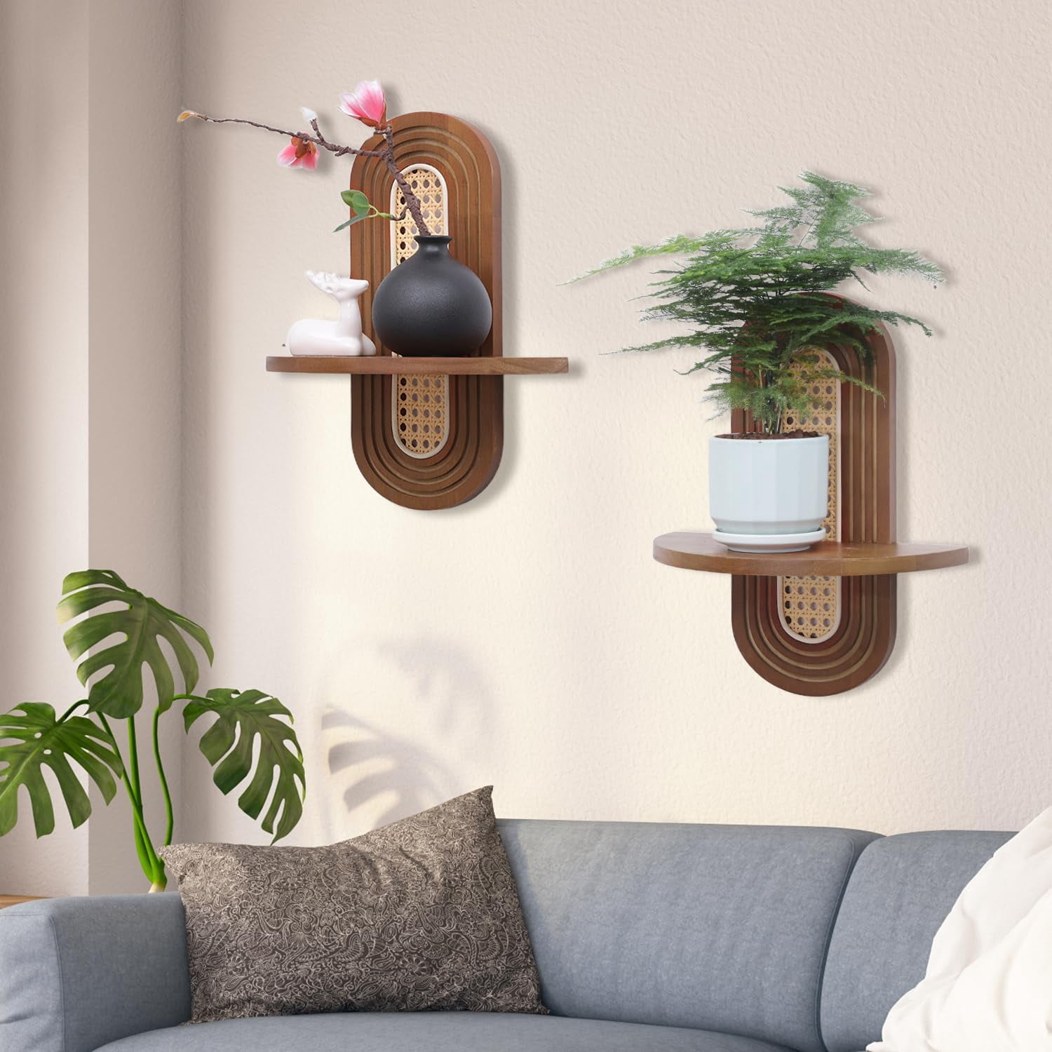 Floating Shelves for Wall, Boho Rattan Shelf Set of 2, Nature Wood Shelves for Living Room, Bedroom