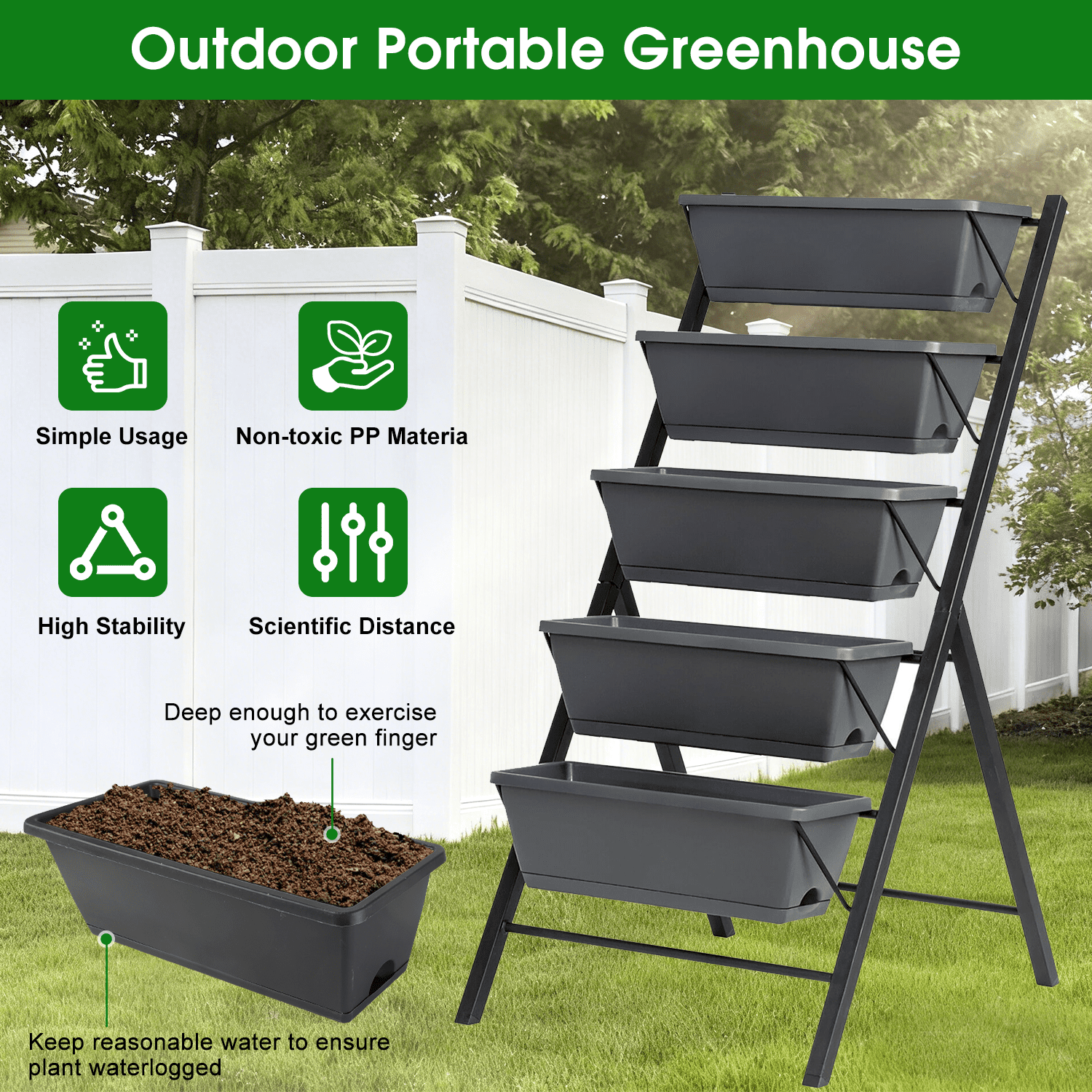Hoofun 5 Tier Vertical Raised Garden Bed Planter, Freestanding Elevated PP Container Boxes, 1 Pack, 22.5 x 27 x 45 in