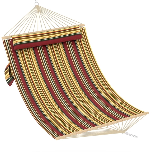 Double Quilted Hammock for 2 People – 12FT Outdoor Patio Swing Bed – Wooden Spreader Bar – Detachable Pillow – Heavy Duty, 450lbs Capacity