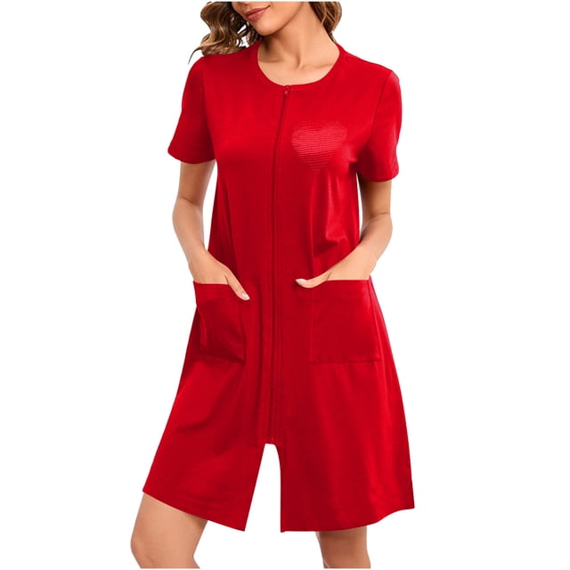 House Coats for Women with Zipper Short Sleeve Long Length Knit Robe Bathrobe 1 Pc