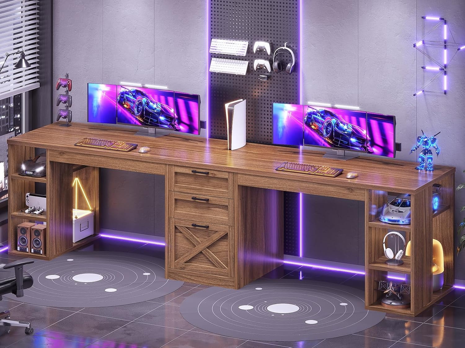 SEDETA Farmhouse 96.5" Computer Desk with Drawers, 2 Person Home Office Desk, Gaming Double Desk with Storage Shelves, Long Two Person Writing Desk, Brown
