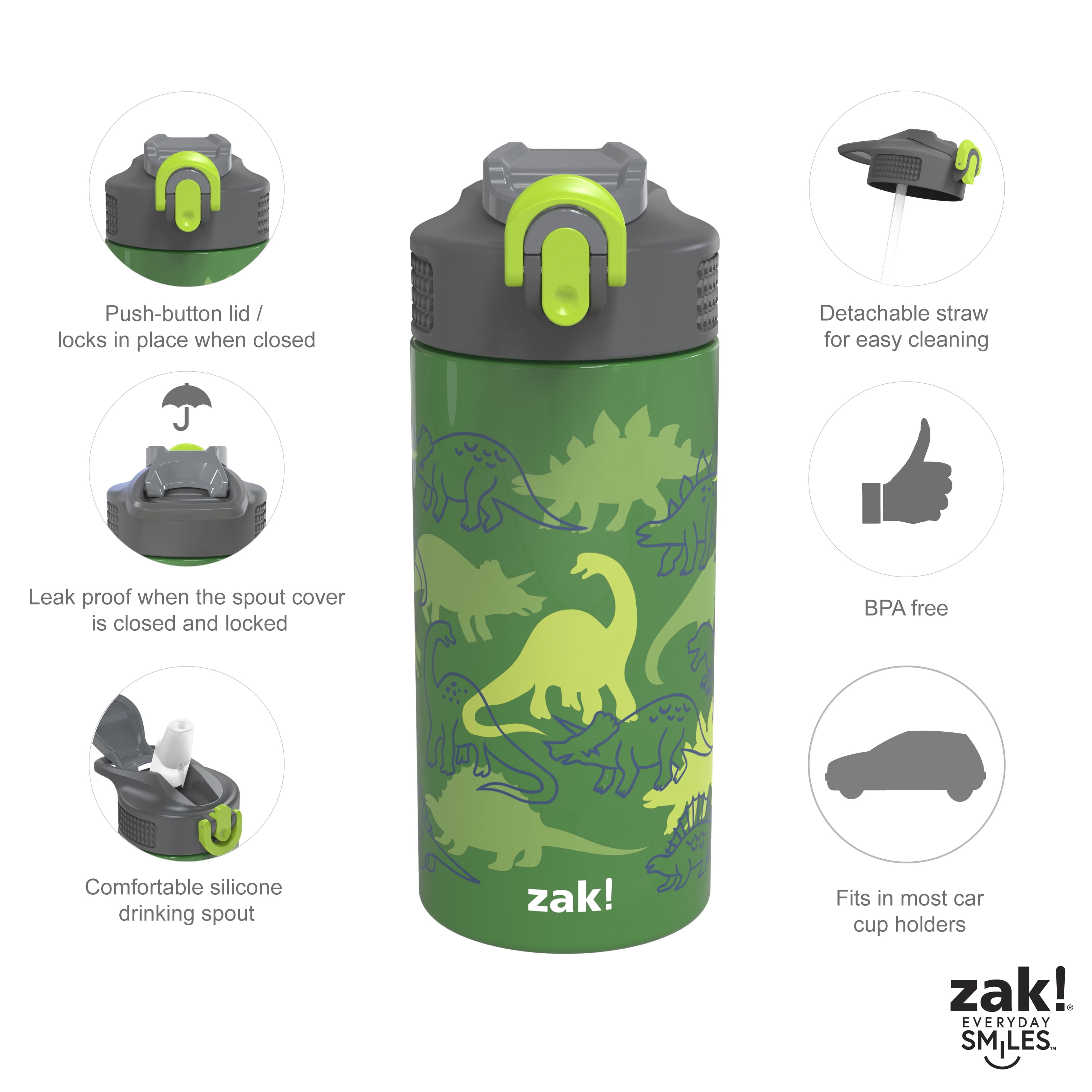 Zak Designs 16oz Riverside Kids Water Bottle with Spout Cover and Built-in  Carrying Loop, Made of Durable Plastic, Leak-Proof Design for Travel (Dino