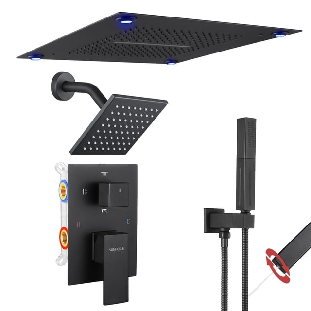 Juego de grifos de ducha VANFOXLE de 16 pulgadas LED para techo y dispositivo portátil, negro mate