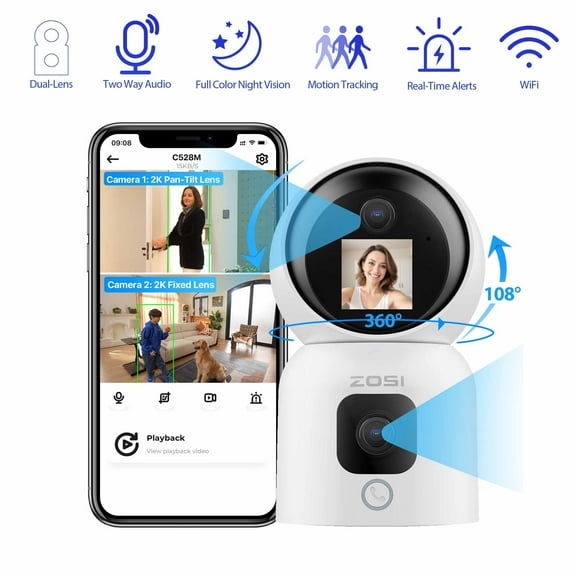 3MP Dual-Lens Baby Monitor with Full-Color Night Vision, Tow Way Audio, ZOSI 5G/2.4G WiFi Dual-Screen Display Indoor Baby camera,2K 360° Views Security camera,Gesture/One-Touch Calling