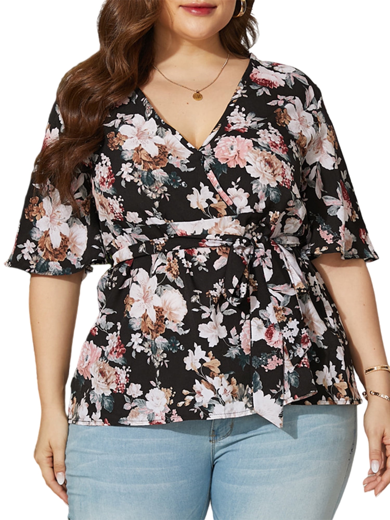 Plus Size Tops for Women Loose Summer T Shirts Fashion Floral Print Blouse Casual Short Sleeve V Neck Tunic Tops 