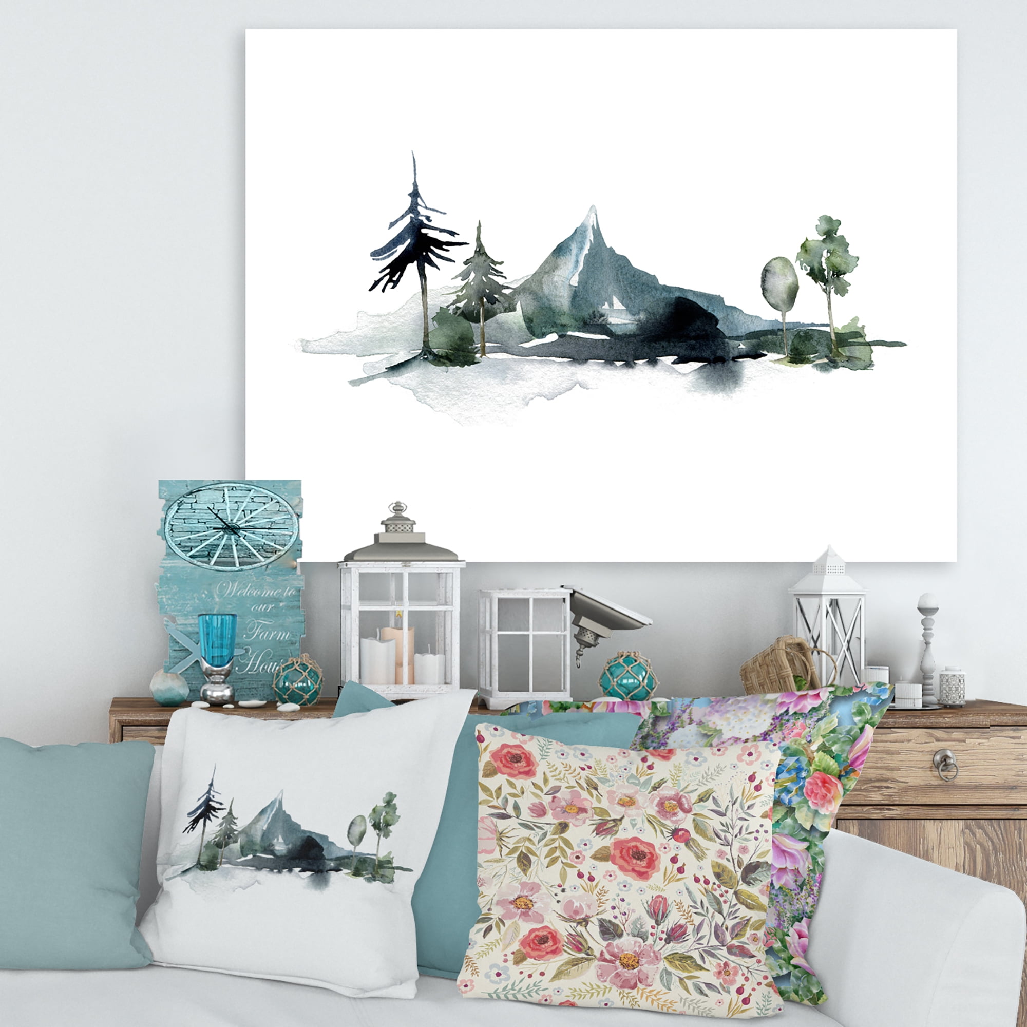 Designart ' Minimalistic Fir Forest and Winter Mountains II ' Modern Canvas Wall Art Print