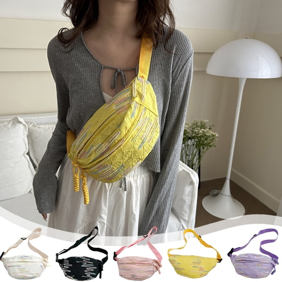 AZXY Sling Crossbody Bag, Yellow Lightweight Fabric Fanny Pack with Adjustable Strap, Casual Embroidered Waist Bag for Travel Daily Use