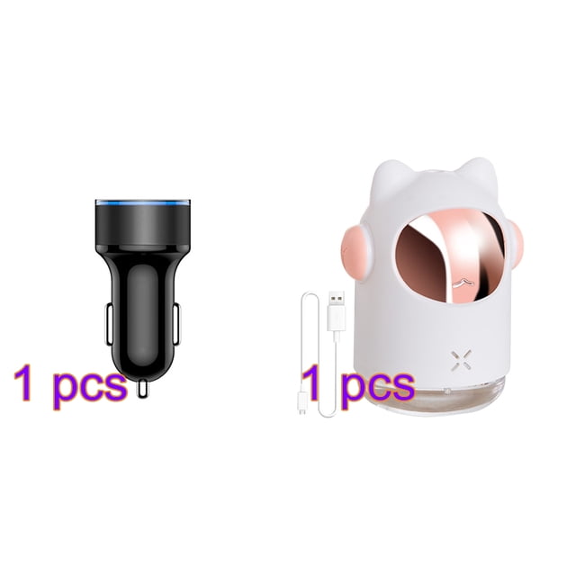 Humidifier 2W USB 300ml Air Humidifier Adjustable Cartoon Diffuser with Colorful Light, White Car Charger 5V 3.1A Quick Charge Dual USB Port LED Display Voltmeter Phone Charging Adapter, Black
