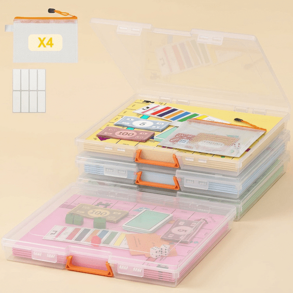 Norcho 3" x 12.2" Paper Storage Boxes with Secure Latch, Plastic Portable Organizer with Handle and Labels, 4-Pack for Files, Documents, Crafts, Puzzles, Cards, and Art Supplies
