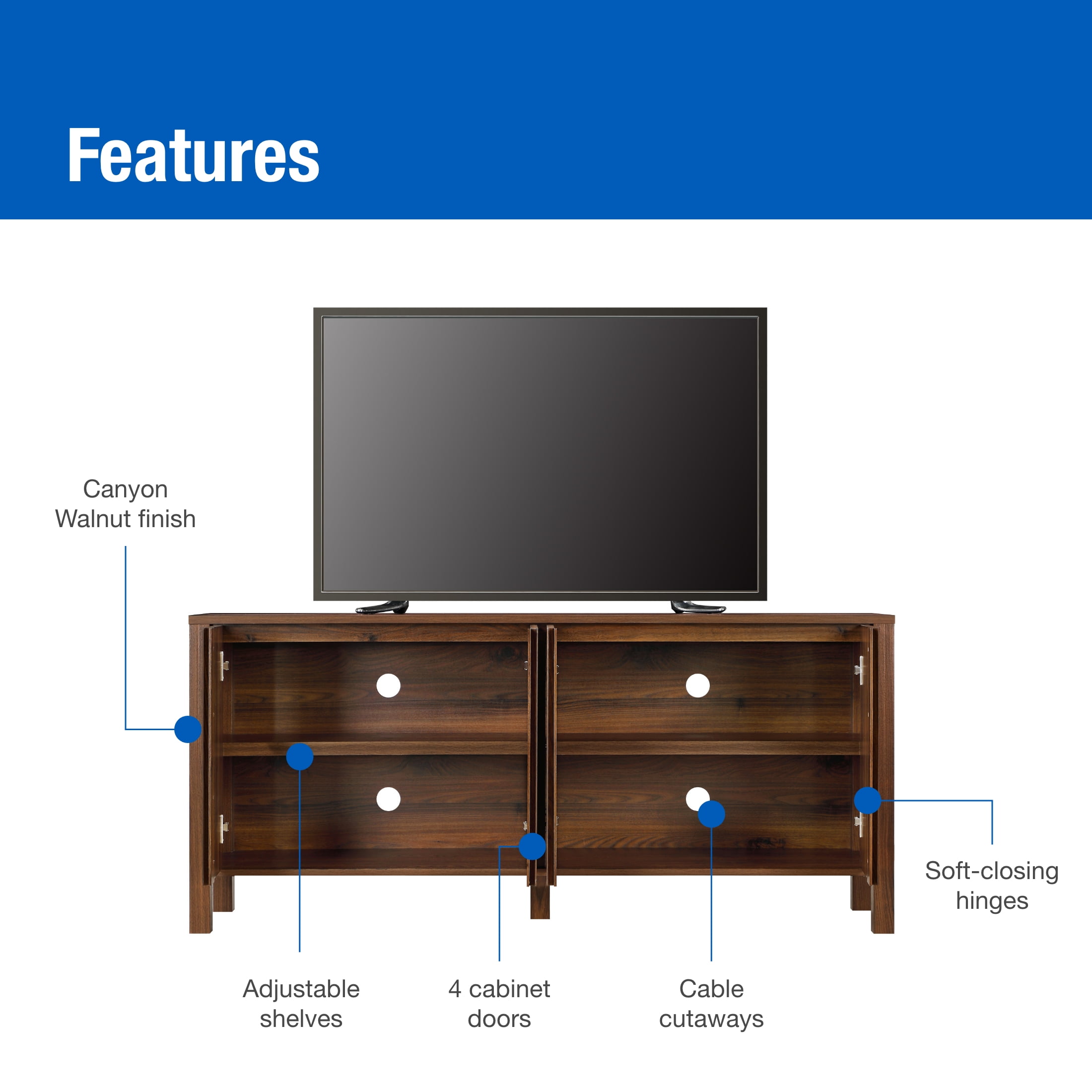 Mainstays 4Door TV Console for TV’s up to 65”, Canyon Walnut Finish  (图2)