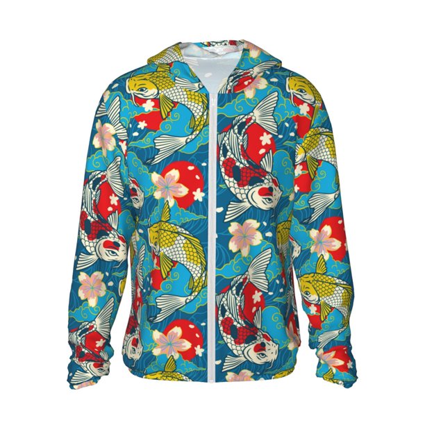 Fotbe Japanese Koi Chaqueta con Protección Solar UPF 50+ para Hombre y Mujer, Camisa con Capucha y Bolsillos-3X-Large