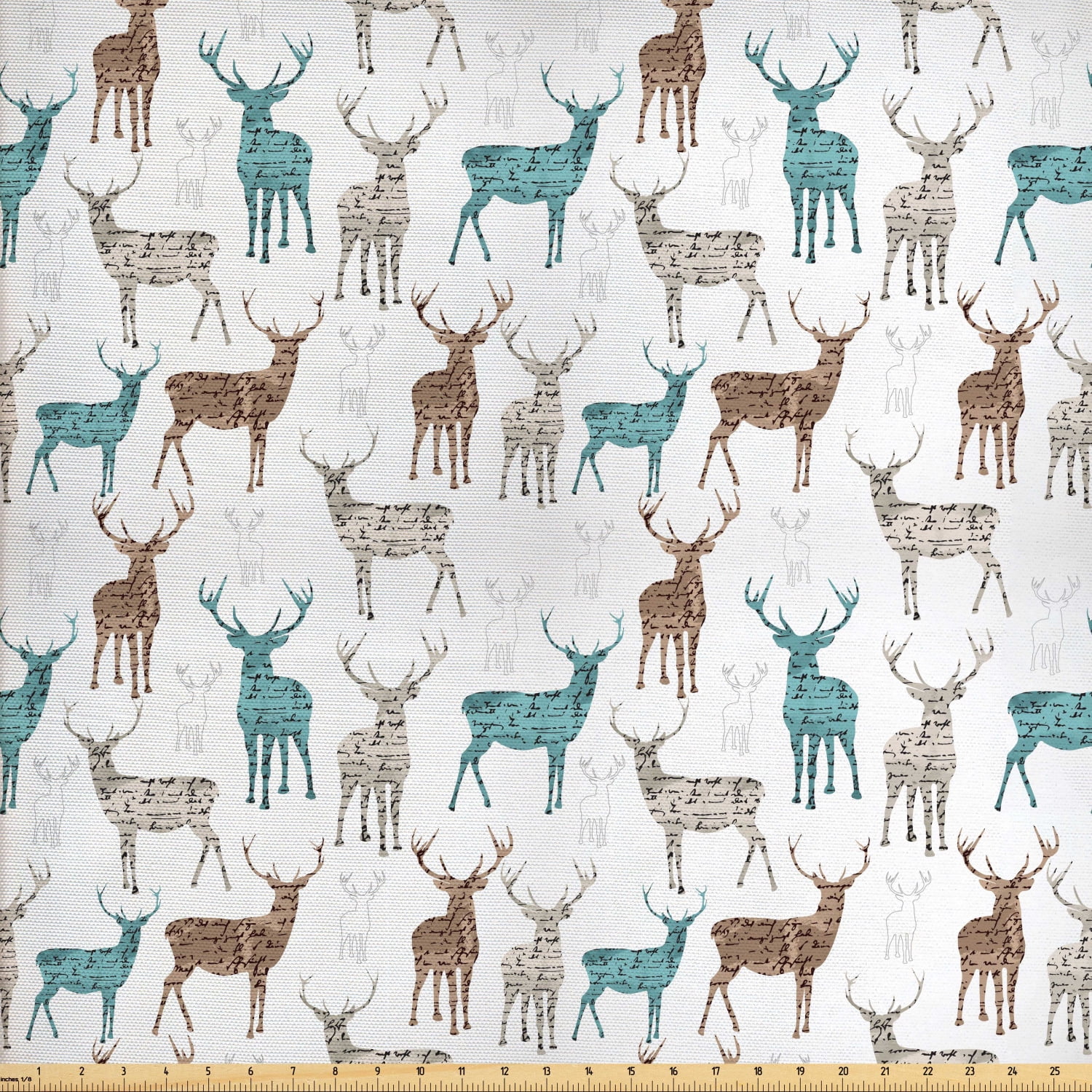 Deer Fabric by The Yard, Animals with Old Text Pattern Christmas Theme