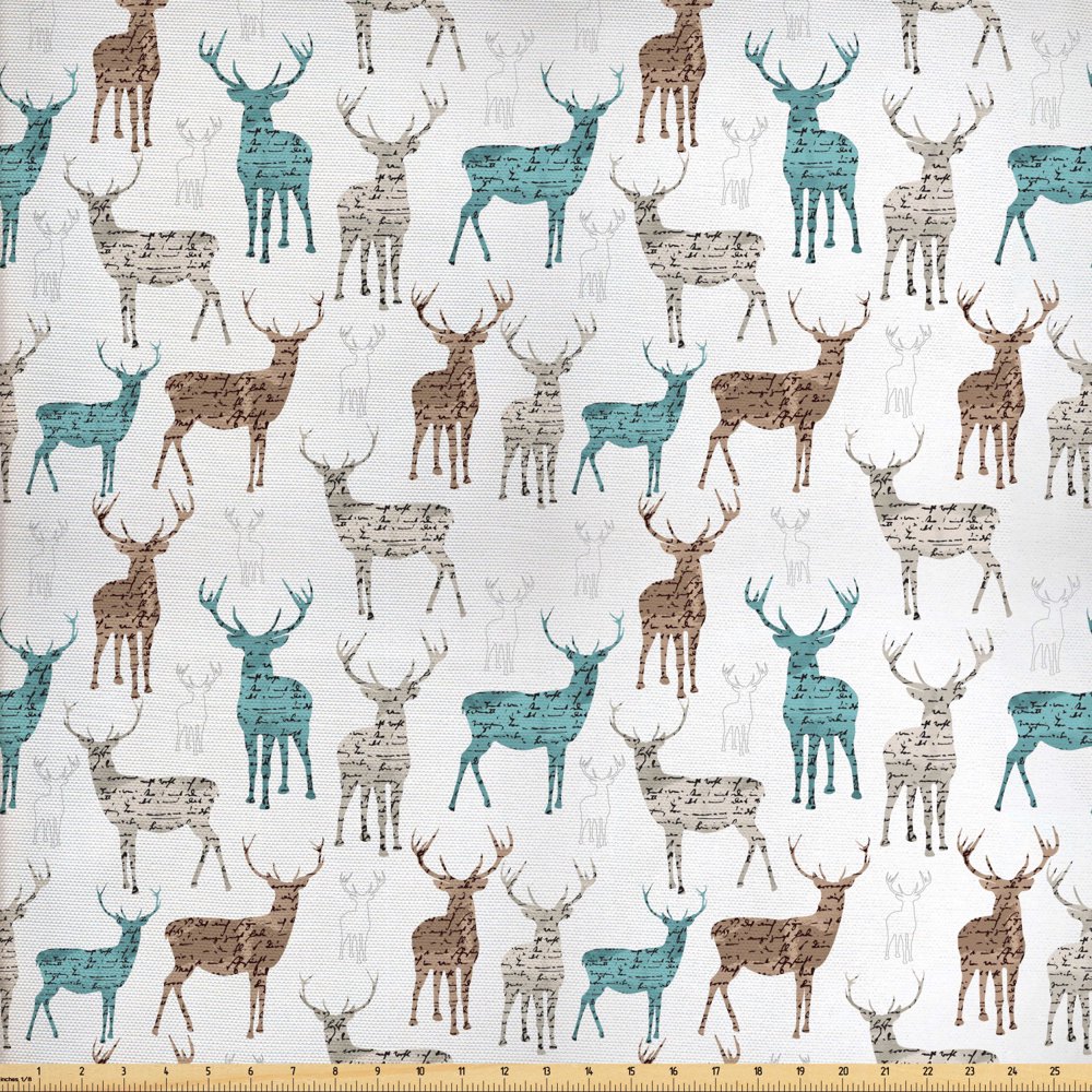 Deer Fabric by The Yard, Animals with Old Text Pattern Christmas Theme
