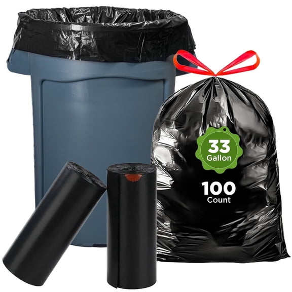 30-33 Gallon Trash Bags, Heavy Duty Drawstring Black Garbage Bags, 100 Count Unscented Can Liners for Kitchen & Outdoor Use