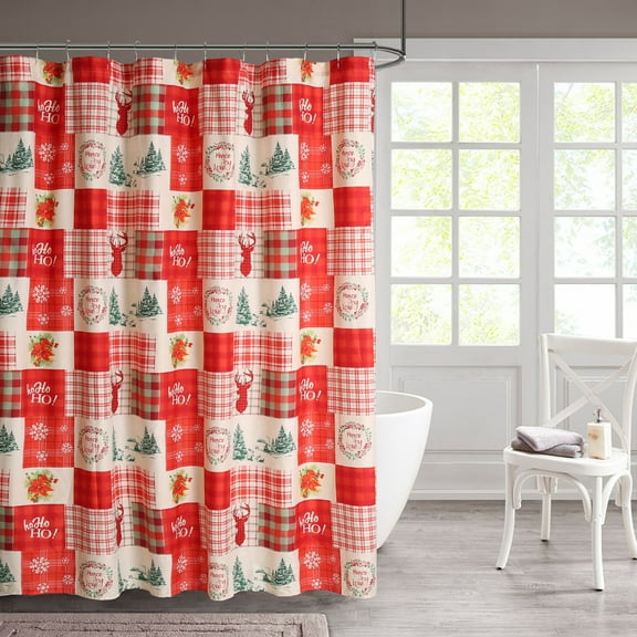 Harper Lane Holiday Patchwork Red 13-Piece 72x72 Machine Washable Microfiber Shower Curtain Set