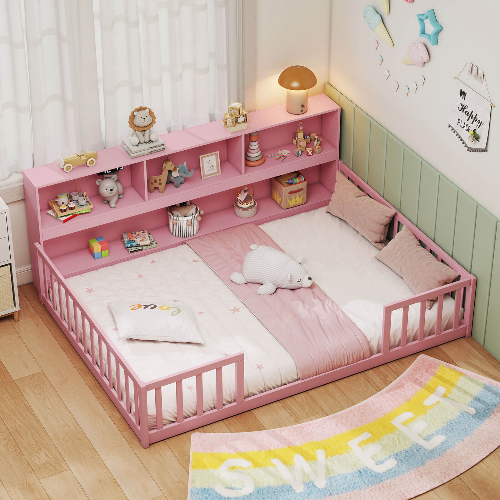 Costway Full Size Montessori Floor Bed with Bookcase Storage Shelves & Safety Fence Rails Pink