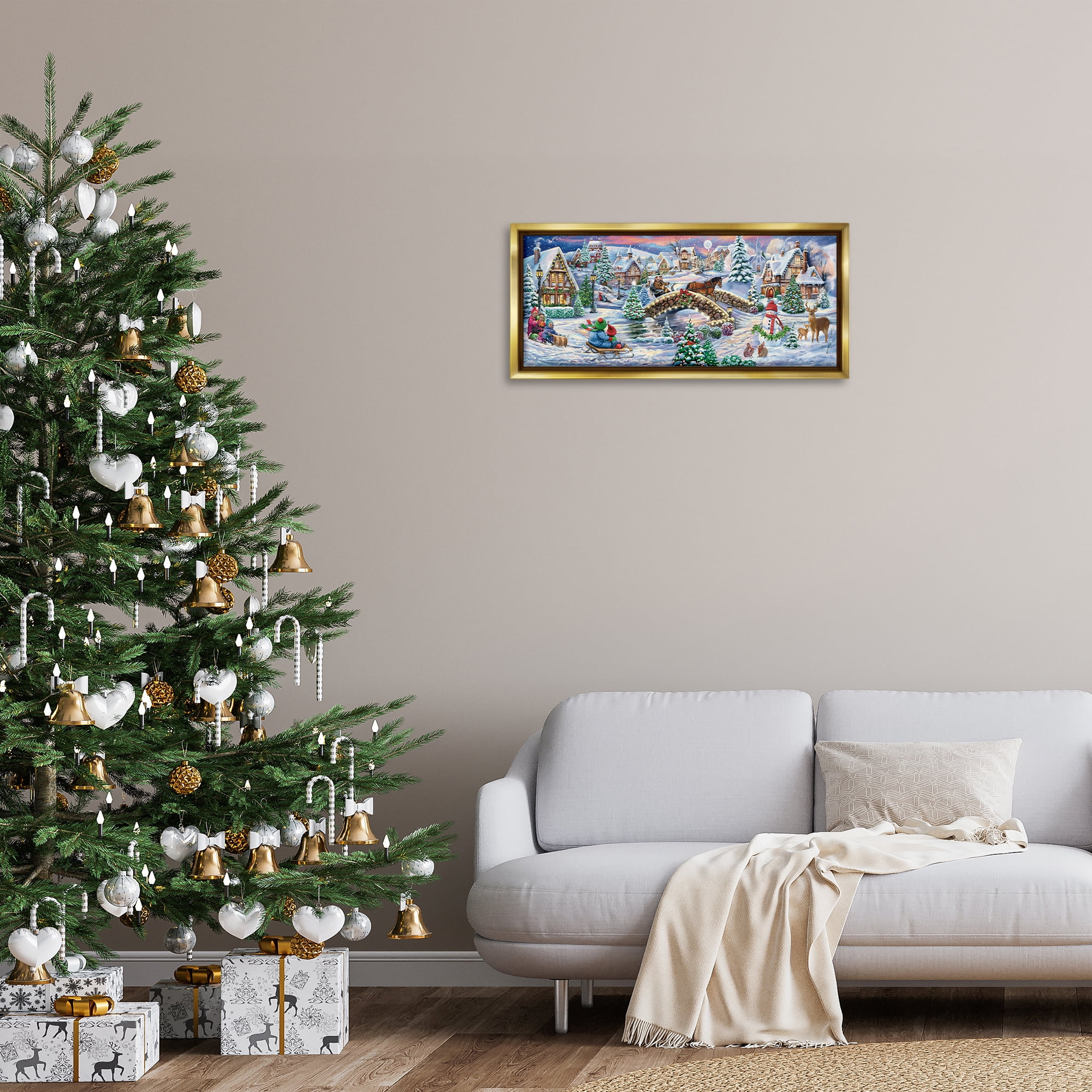 Stupell Industries Snowy Winter Townscape Holiday Painting Gold Floater Framed Canvas Art Prints Wall Art, 31 x 14