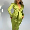 thumbnail image 4 of Women Solid Color Long Sleeve Deep V Neck Leather Party Dress, 4 of 6