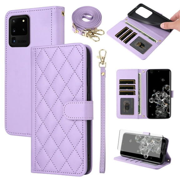 Furiet Argyle Wallet Case for Samsung Galaxy S20 Ultra 5G with Tempered Glass Screen Protector Wrist Strap Shoulder Strap, Card Slots Stand Phone Cover for S20ultra 20S S 20 A20 S2O 20ultra G5 Purple
