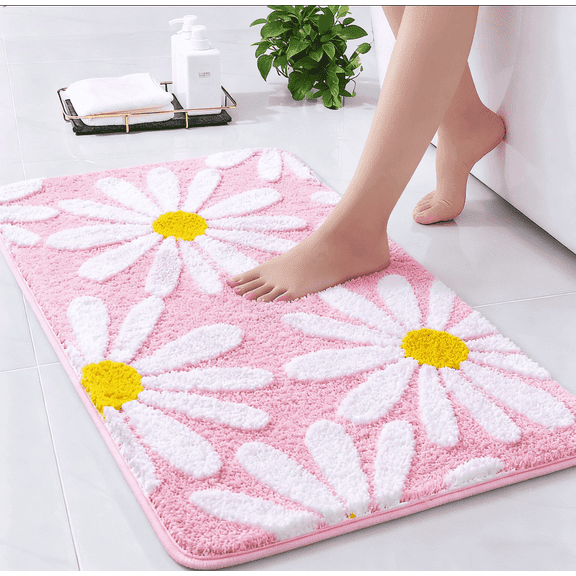 Evlmd Bathroom Rugs Non Slip Washable, Pink Large Bath Mats for Bathroom Floor, Soft Cute Daisy, Shaggy Soft and Absorbent, Thick Plush Shower Bath Rug Runner Decor, 16" X 24"