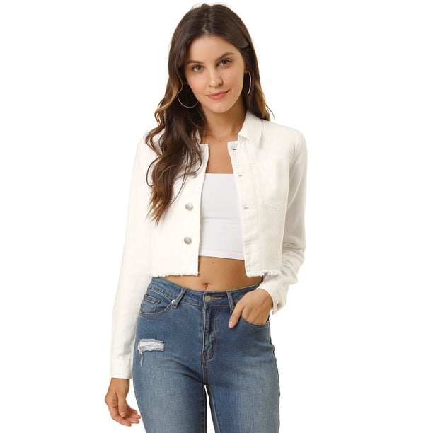 Chaqueta vaquera para mujer Chaqueta vaquera recortada lavada con botones deshilachados blanco XL