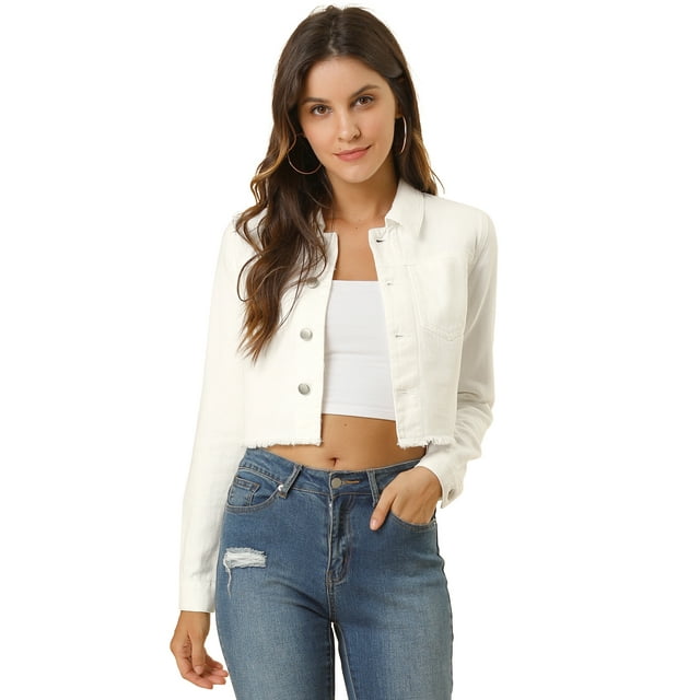 INSPIRE CHIC Veste en Denim Courte Délavée pour Femmes à Ourlet Effiloché, Boutonnée, Manches Longues