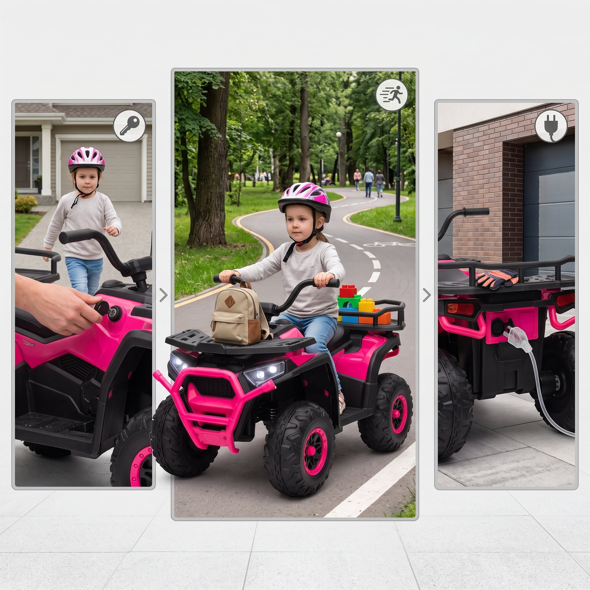 12V Kids Quad ATV, 4 Wheeler with 4 Spring Suspension Wheels, LED Lights, Music USB, Pink