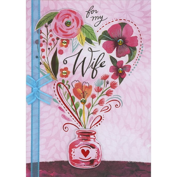 Designer Greetings Heart Shaped Flowers, 3D Die Cut Pink Bottle and Flower and Blue Ribbon Hand Decorated Valentine's Day Card for Wife