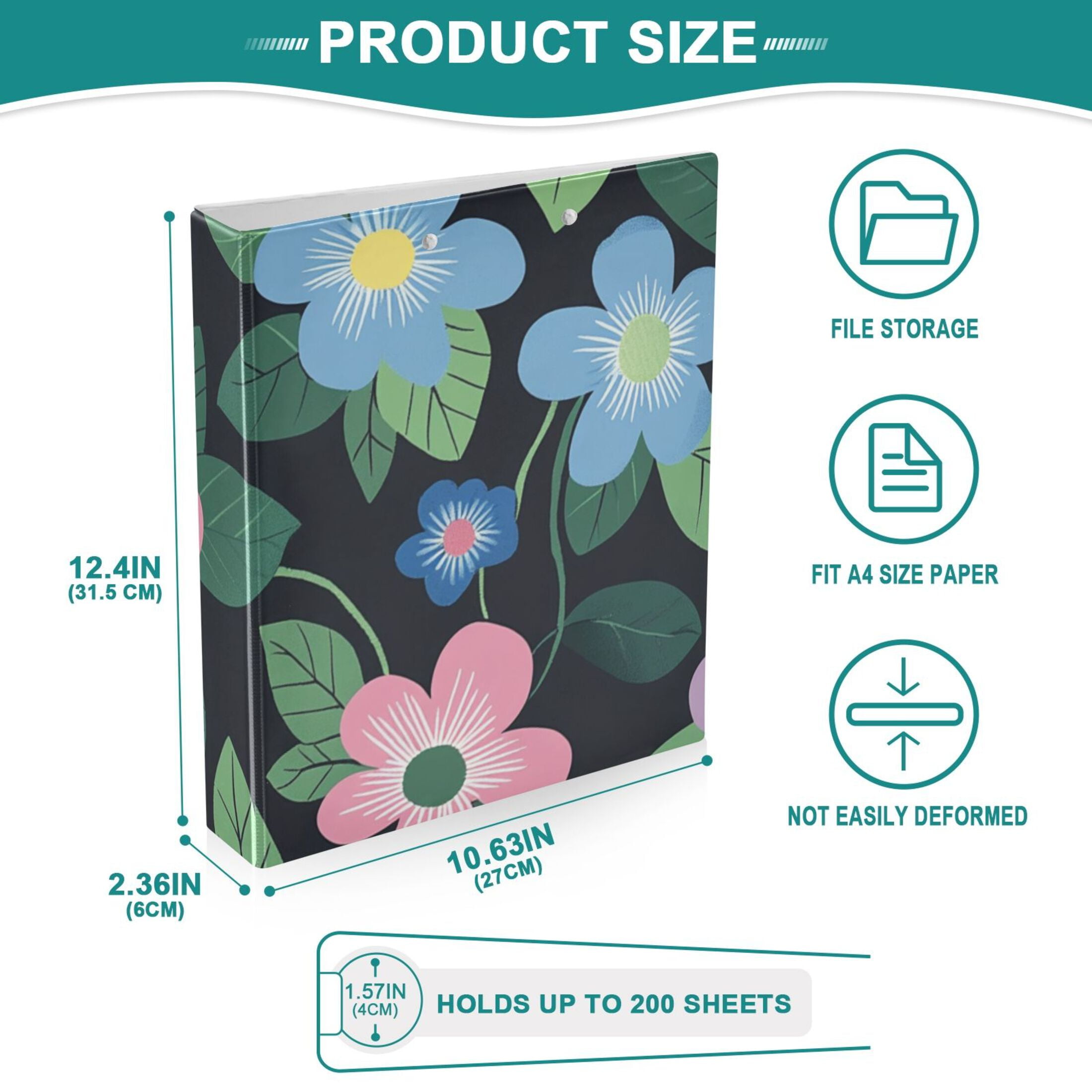 Pink Blue Wildflowers 3 Ring Binders 1.5 inch Hardcover File Folders with Interior Pockets A4 Size Organizer for School Office Hospital