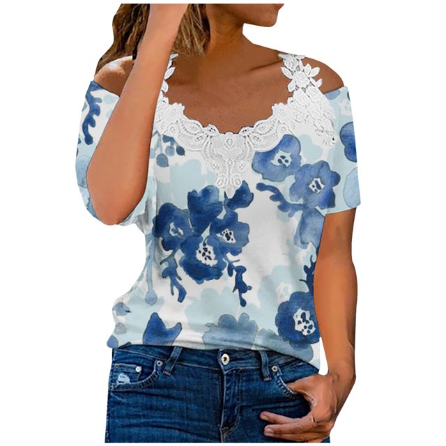 Blusa superior sexy de manga corta con retazos de encaje con cuello en V de verano para mujer OAVQHLG3B Store lin121212
