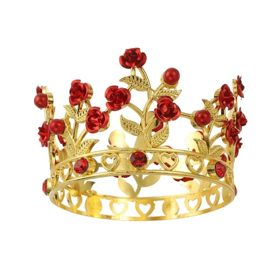 Uxcell Mini Crown Cake Toppers, Alloy Queen Princess Little Crown Tiara With Pearl & Rose for Birthday Cake Decor, Gold/Red/Red