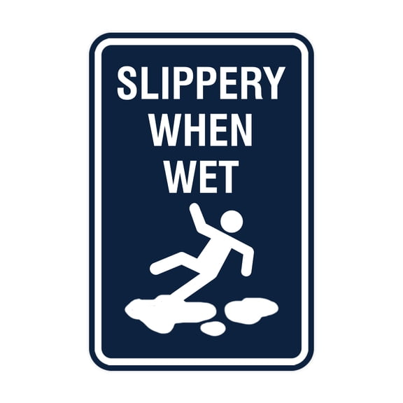 Signs ByLITA Portrait Round Slippery When Wet Sign (Navy Blue / White) - Large