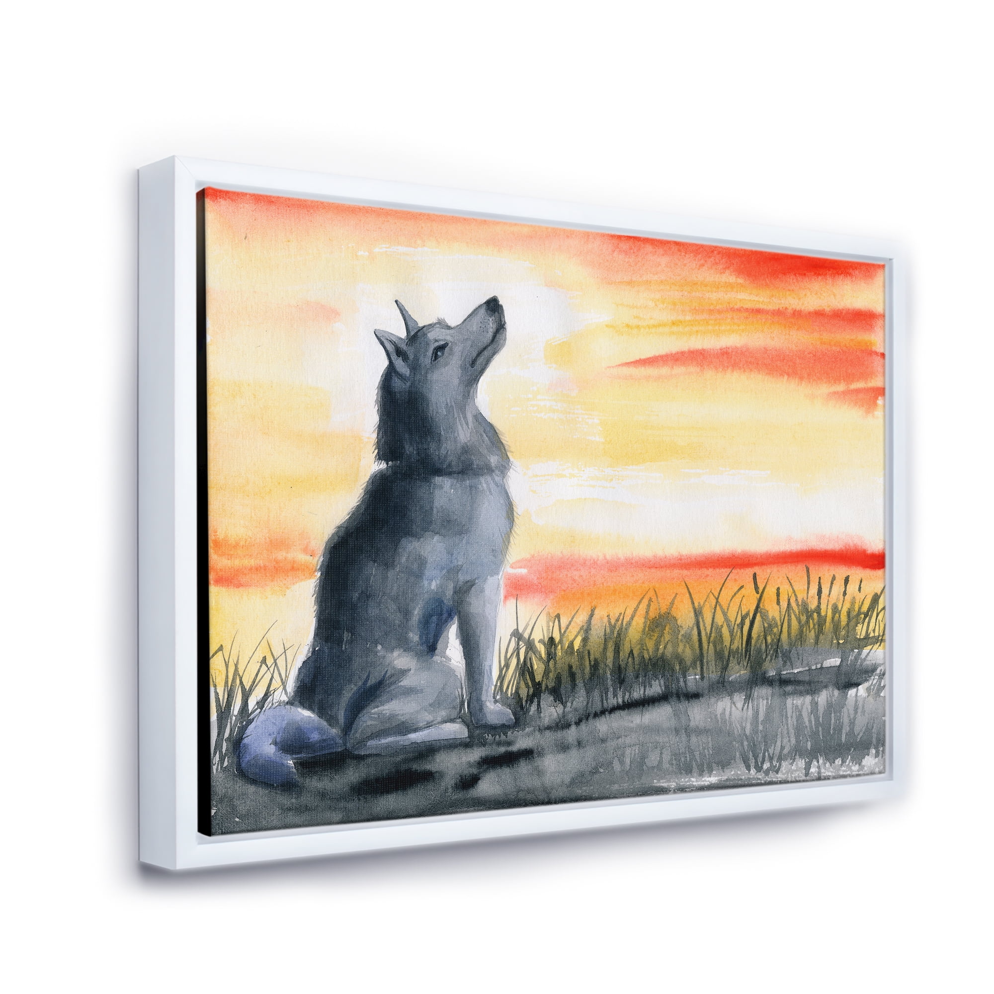 Designart 'Portrait Of Grey Wolf Howling At The Moon' Traditional Framed Canvas Wall Art Print