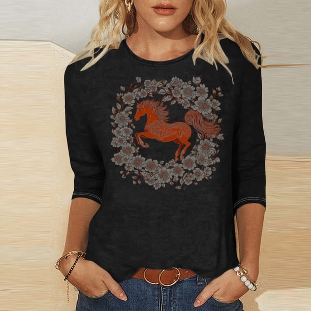 TaTaai Ladies 2026 New Year Graphic Print 3/4 Sleeve Blouse Round Neck Casual Top Holiday Celebration Festive Party Attire Gift