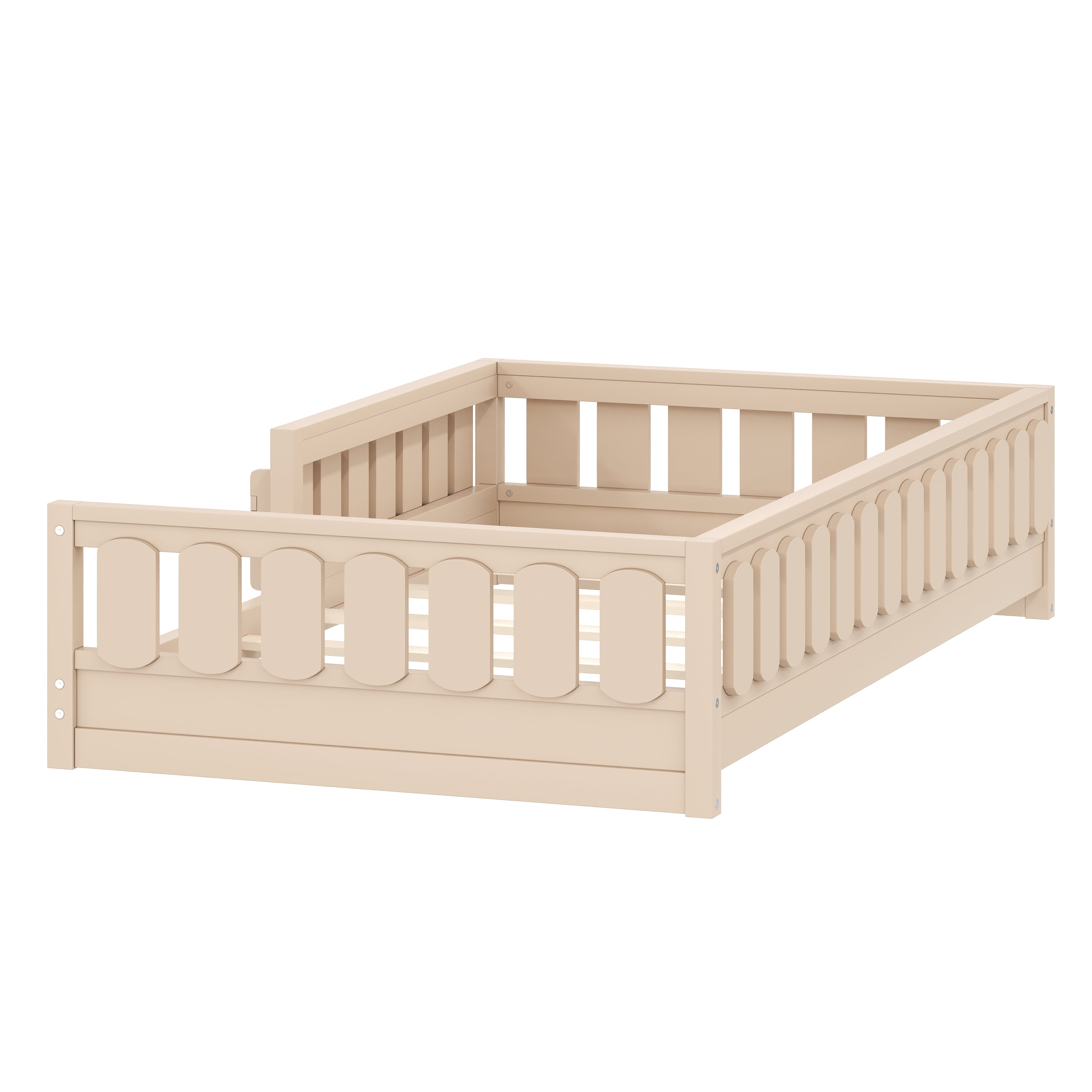 Euroco Wood Twin Size Platform Bed with Shelves, Floor Bed with Guardrails, Natural