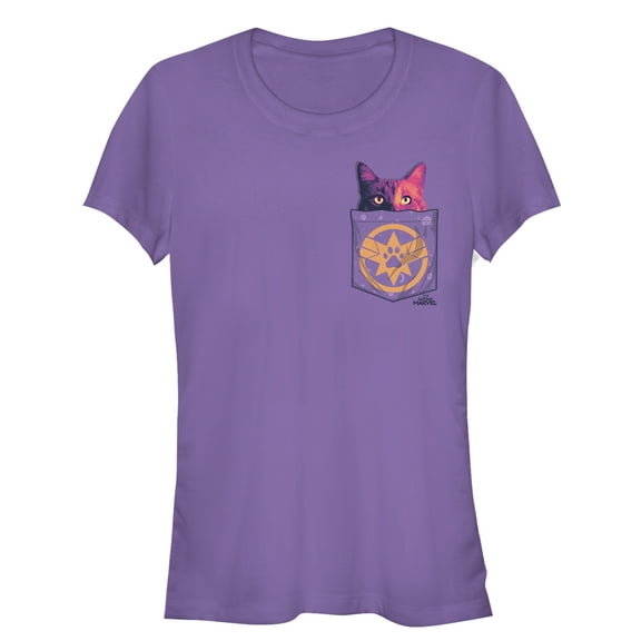 Junior's Marvel Captain Marvel Goose Cat Pocket Print Graphic Tee Purple Large