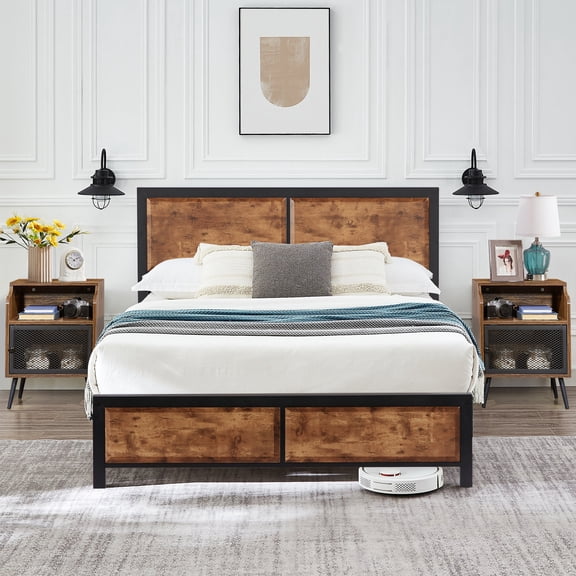 VECELO 3-Piece Bedroom Set, Queen Platform Bed Frame with Wood Headboard, Nightstand Set of 2 with 1-Drawer and Open Storage Space, Brown