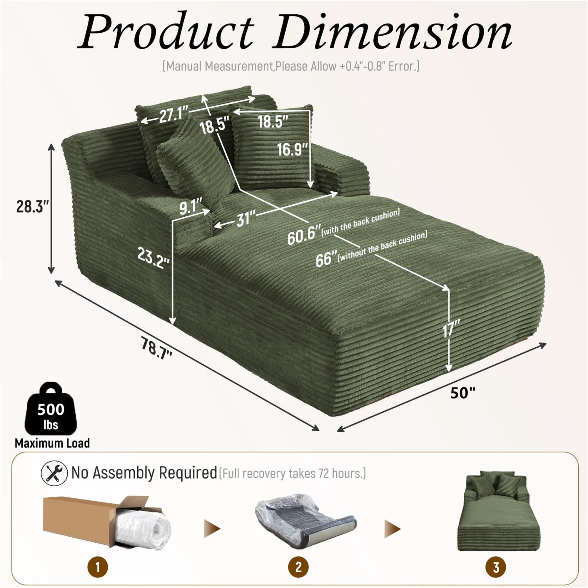 Aukfa Chaise Lounge Oversized Indoor Chair Boneless Couch for Living Room, 3Pillows, Green