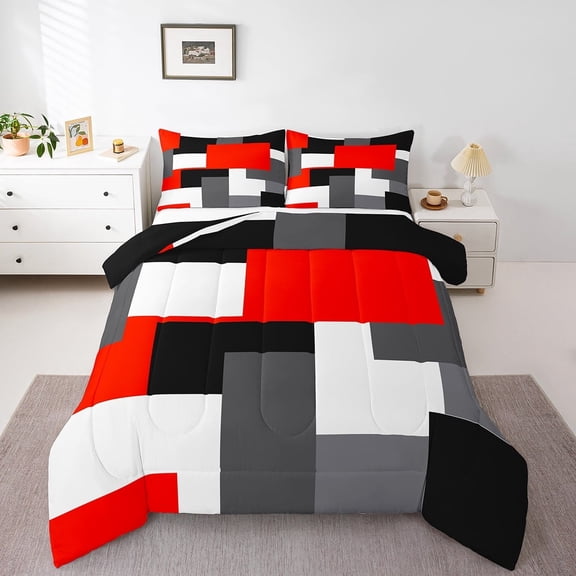 Erosebridal Abstract Plaid Bedding Twin Comforter Set,Sqare Rectangle Down Comforter,Geometric Grid Bedding Sets Twin with Comforter,Microfiber Geometry Room Decorative,Reversible,3pcs