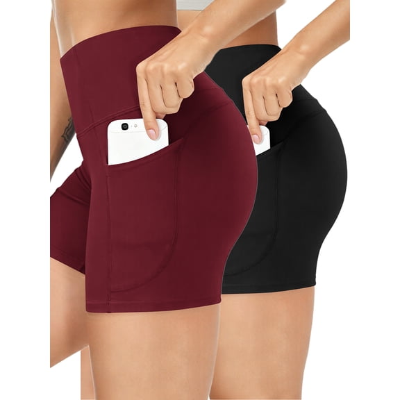 ValueVibe Women Yoga Shorts with Pockets High Waist Booty Shorts 2-Pack Tummy Control Workout Shorts, Black Burgundy XL
