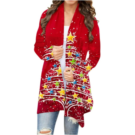 VALMASS Long Cardigans for Women Trendy Christmas Tree Long Sleeve Outerwears Fall Casual Lightweight Coats (S, Red)