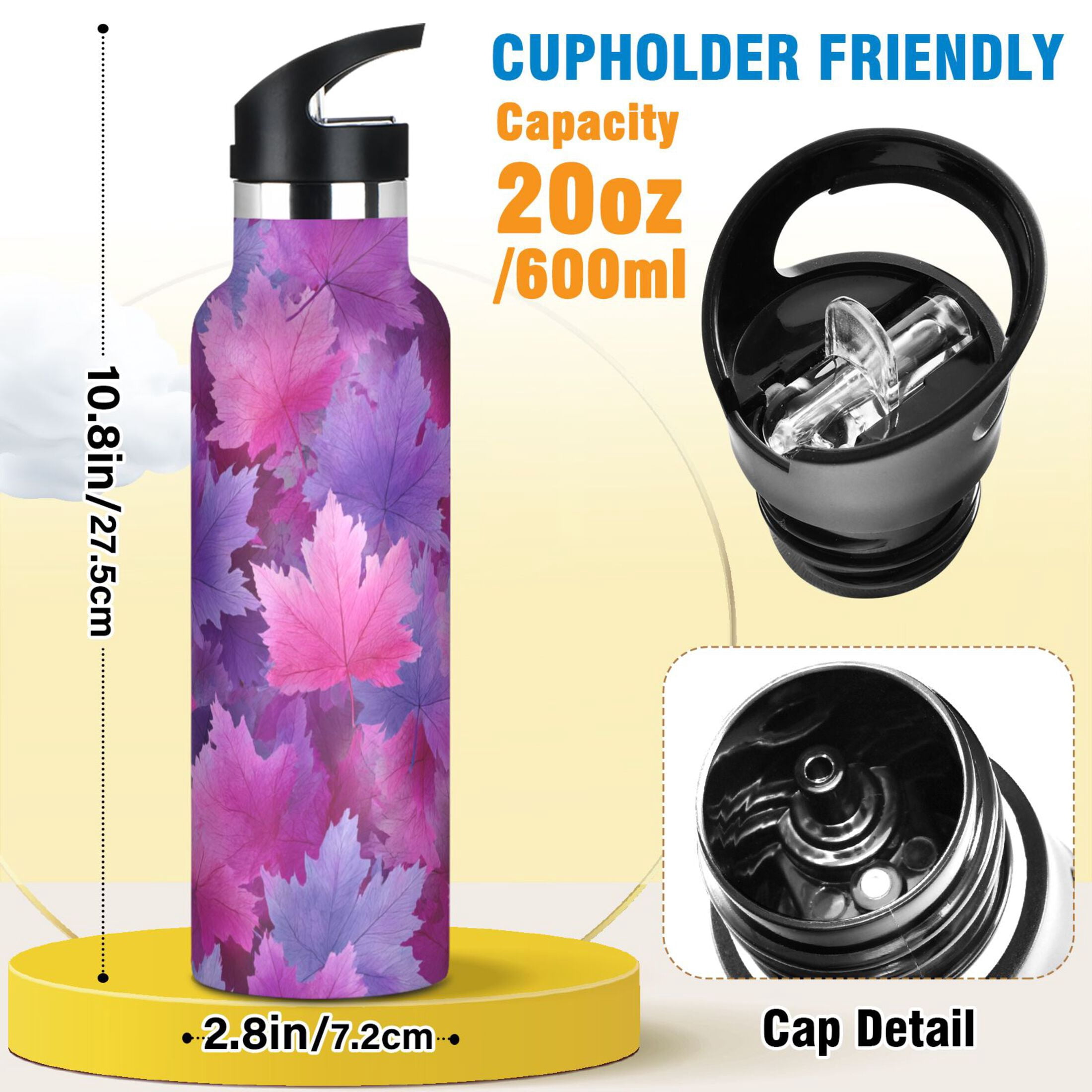 600ML Stainless Steel Insulated Cup Sports Water Bottle Portable Thermos Cup Water Glasses Insulated Tumblers Convenient and Durable Cartoon Purple Maple Leaves