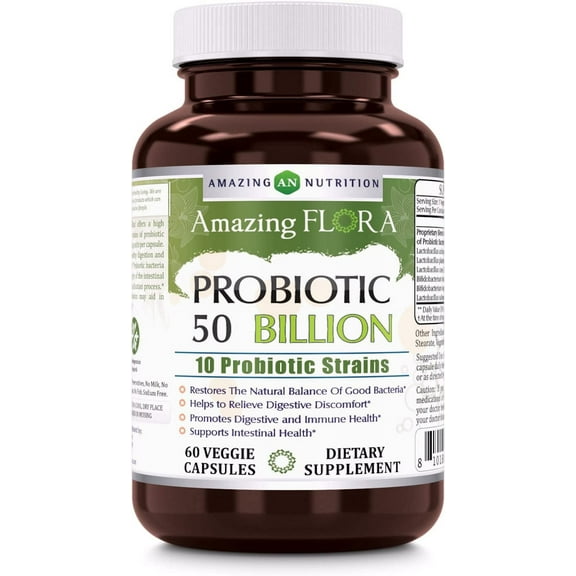 Amazing Flora Probiotic 10 Best Probiotics Strains 50 Billion 60 Veggie Capsules Supplement | Supports Better Digestive & Gut Health | Non-GMO | Gluten Free | Suitable for Vegetarians |