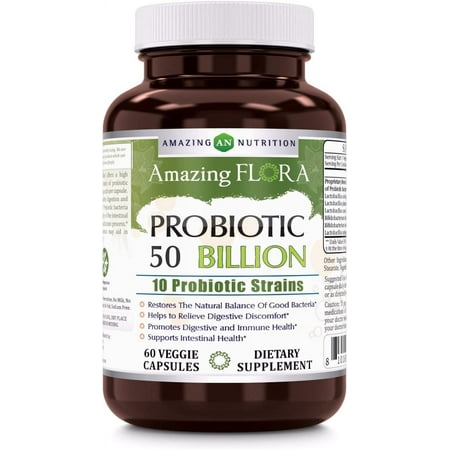 Amazing Flora Probiotic 10 Best Probiotics Strains 50 Billion 60 Veggie Capsules Supplement | Supports Better Digestive & Gut Health | Non-GMO | Gluten Free | Suitable for Vegetarians |
