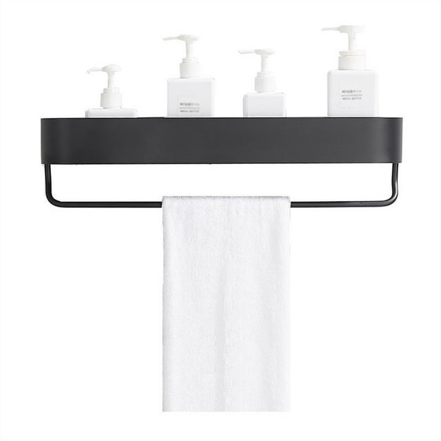 Estante de ducha con toallero, organizador de ducha adhesivo de pared con bordes redondeados, color negro