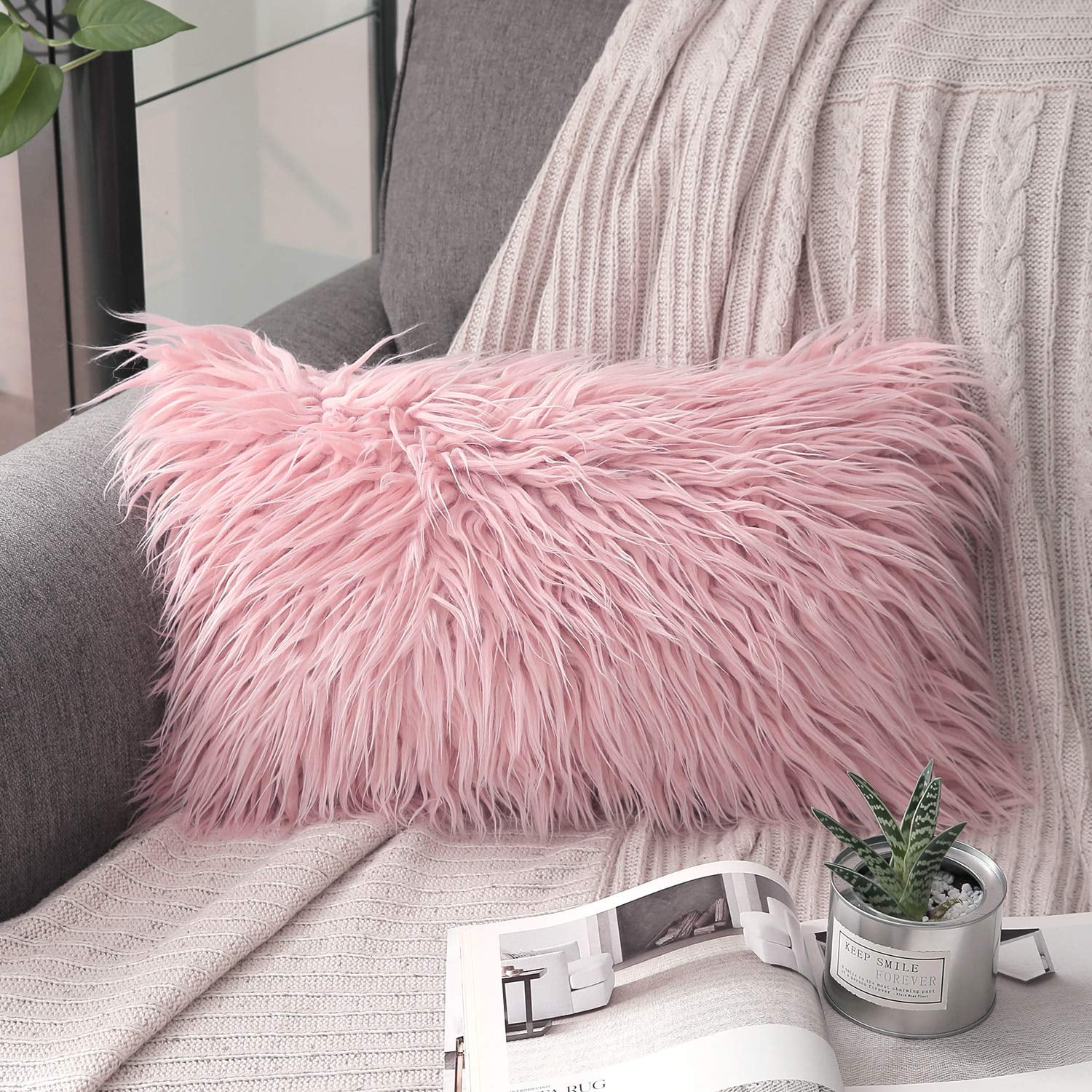 Phantoscope Merino Style Faux Fur Series Decorative Throw Pillow Bundle, 12" x 20"/18" x 18", Pink, 2 Pack